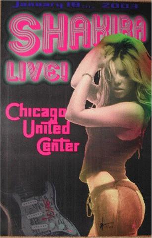 Original concert poster for Shakira at the Chicago United Center in Chicago, 